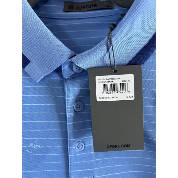 G/FORE Script Stripe Banded Sleeve Tech Pique Golf Polo Men's Size XL Blue NEW - Picture 7 of 8